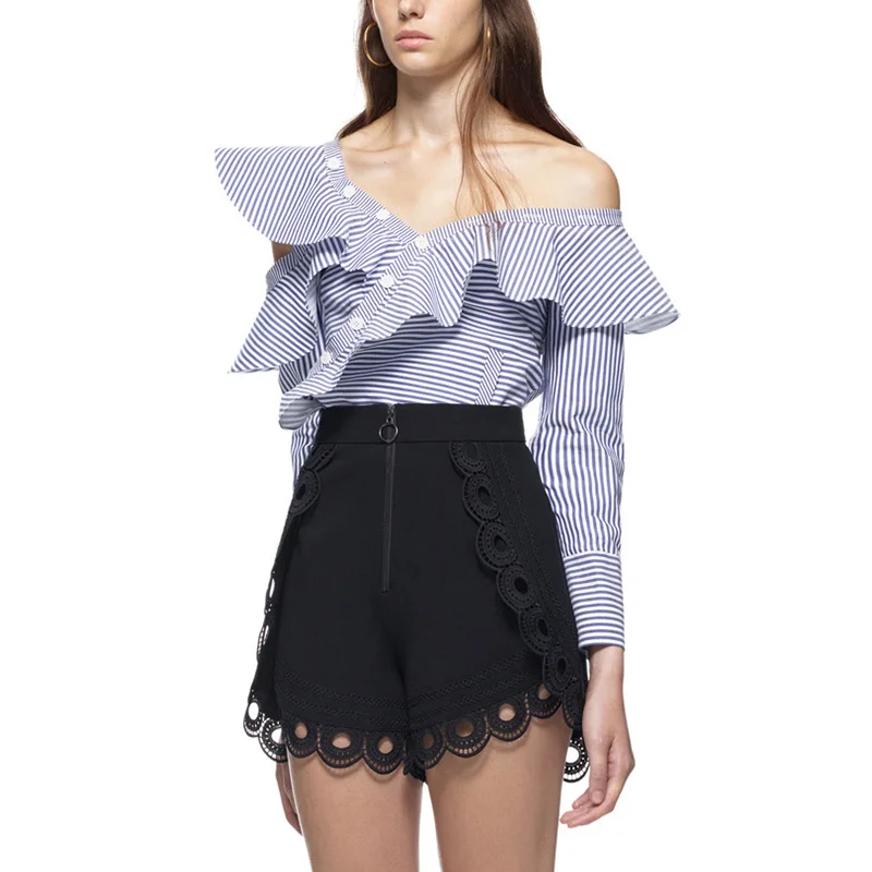 Spring Faion Women's Striped irt Svel Asymmetrical oulder Design Long Sve Slim Fit Street Sle Button Plaet