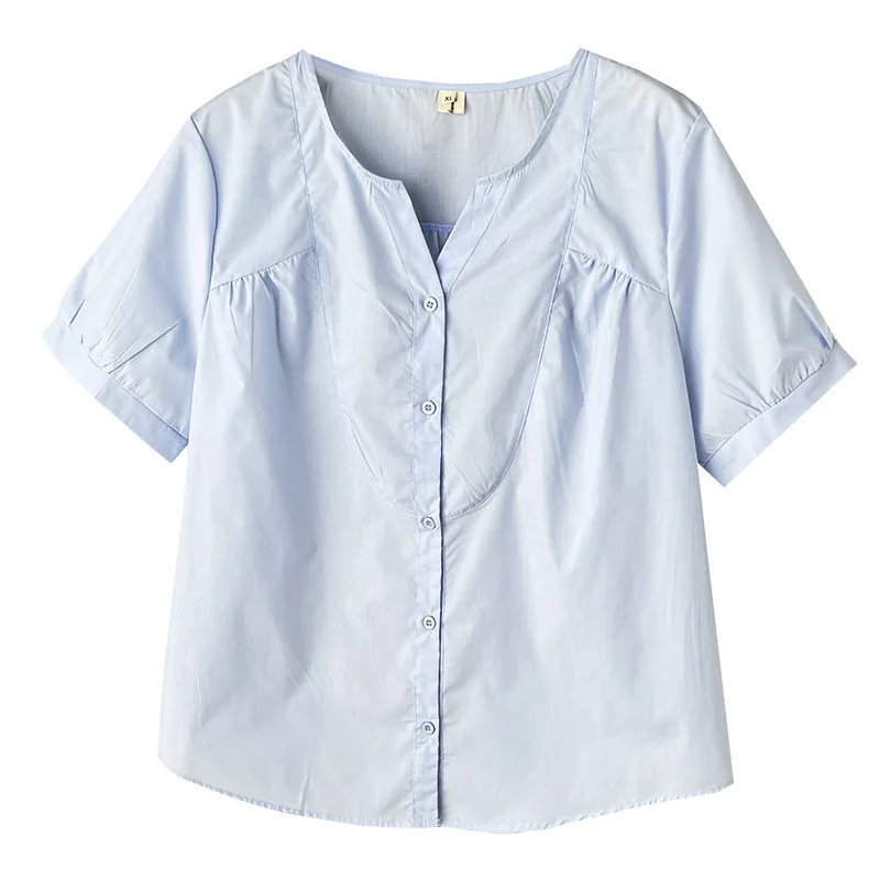 

100kg Summer Plus Size Blouses New Temperament Small V-neck Lantern Sleeve Shirt 2508