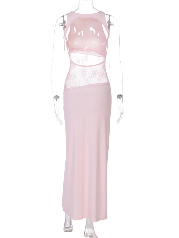 Sexy Sleeveless Lace Patchwork Sundress Women's 2025 Summer Cut Out See-through Bodycon Long Dress Pink Evening Party Prom Gowns