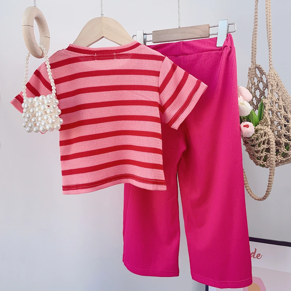 الصيف أزياء حلوة الزي 3-7 سنوات الفتيات تي شيرت مخطط أعلى بلون فضفاض السراويل 2 قطعة مجموعة الاطفال ملابس لطيف غير رسمية #2