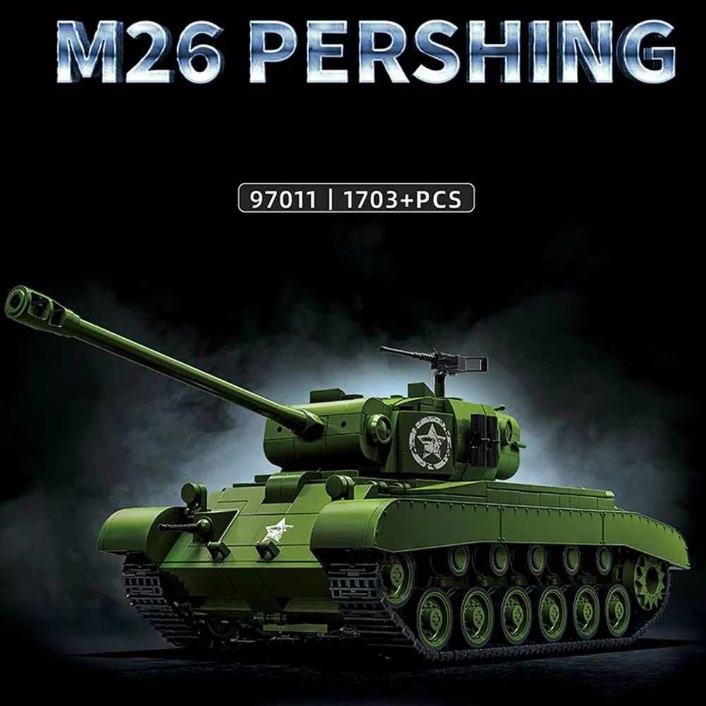 

NEW Military WW2 M26 Pershing Medium Tank Building Block with 4 Figure Heavy Tank Weapon Collectible Assembly Toy Gift for Kids