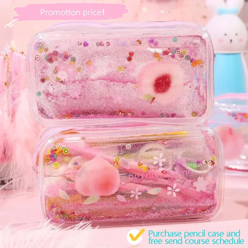 Cute Avocado Transparent Quicksand Pencil Case Cartoon Peach Large Capacity Pencil Case Stationery Case Portable Cosmetic Bag