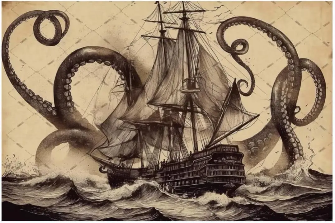 The Legend of The Kraken Metal Tin Sign Octopus Kraken with Sailboat on The Sea Ocean Vintage Retro Decoration Wall Art Wal sign
