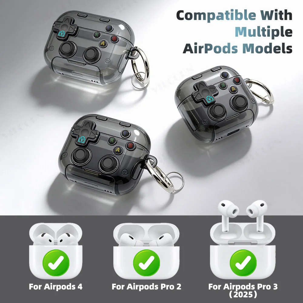Headphones Protective Case for AirPods Pro 3/Pro 2/4 Transparent Gamepad Design Headphones Case with Phone Holder Keychain view 2