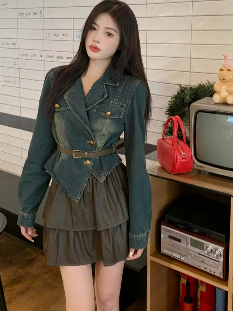 

Эффективная женская джинсовая юбка больших размеров для похудения, комплект корейской юбки трапециевидной формы с высокой талией, осеннее новое поступление