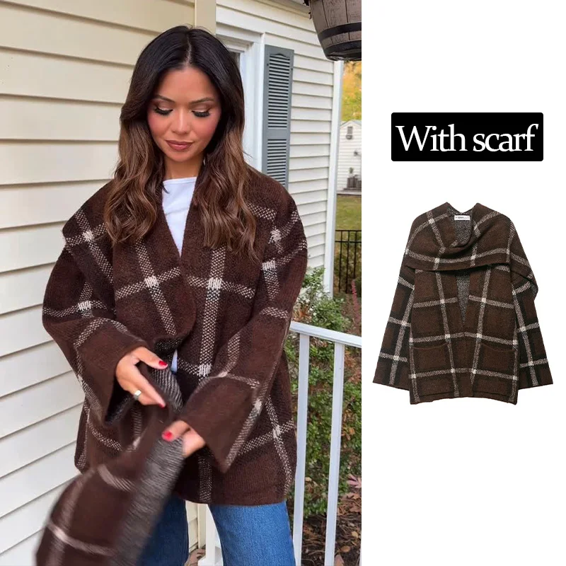 

2025 женское коричневое клетчатое пальто, кардиганы с длинными рукавами, шикарные укороченные топы, женские осенние свободные топы с шарфом и воротником, женская уличная одежда