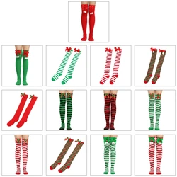 Christmas Green Red Stocking Striped Over The Knee Bowknot Long Socks F3MD