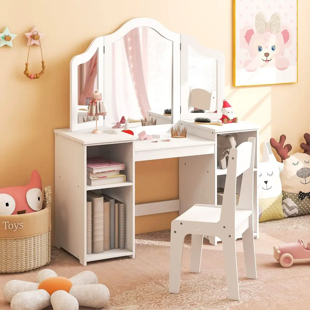 

Kids Vanity, 2 in 1 Princess Makeup Desk amp Chair Set with Detachable TriFolding Mirror, Storage Shelves, Wooden Toddler Vanit