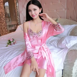 Robe Gown Sets Women Ice-silk 2PCS Floral Fashion Sexy Sleepwear Lace Up Chic Thin Womens Bathrobe Home Nightwear Comfortable