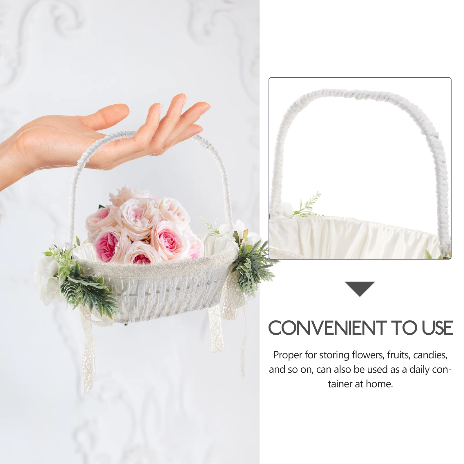 

Handwoven Flower for Wedding Artificial Rose Storage Twine Handheld Rustic Decor Elegant Woven Basket Wicker Garden Craft