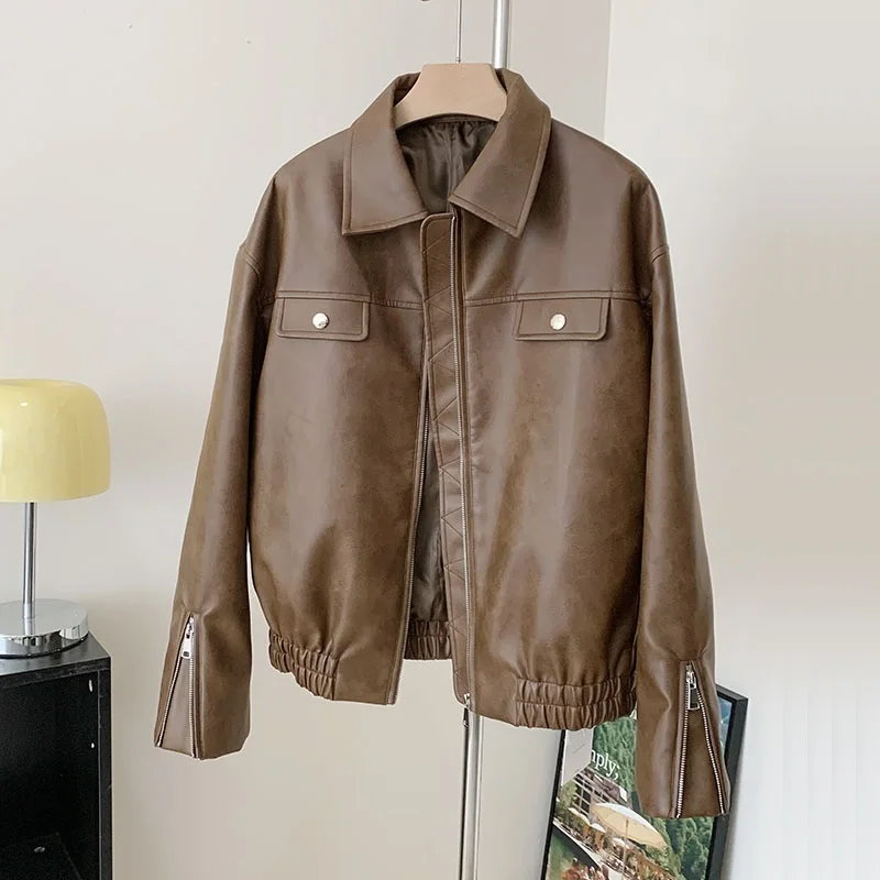 Vintage Short Brown Faux PU Leather Coat Women Spring Autumn Casual Lapel Long Sleeve Female Motorcycle Biker Jacket Streetwear