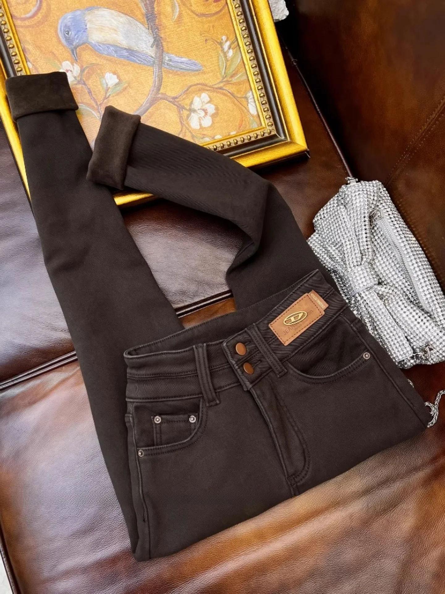 

High Waist Fleece Lined Deep Coffee Brown Denim Pants Women's Winter Slim Fit Bootcut Jeans Retro Style Pocket Detail Soft Co...