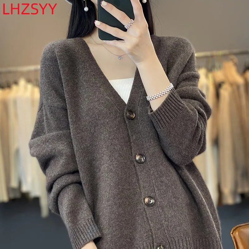 LHZSYY Women\'s New 100% Pure Wool Cardigan Autumn Long-Sleeved Coat V-neck Female Jacket Thick Sweaters Large size Knit Shirts