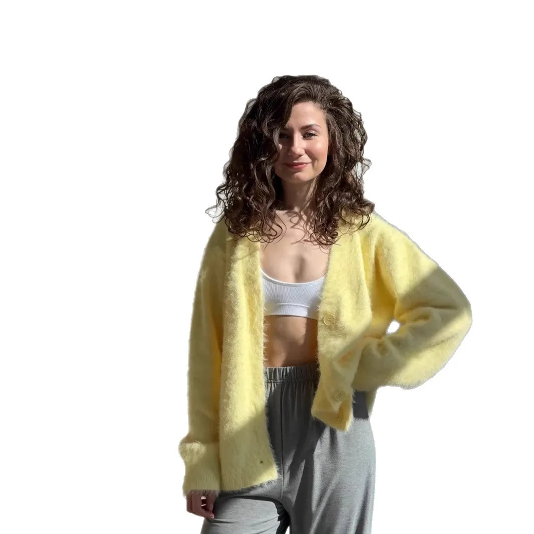 

Knitted Cardigan Women's Autumn European and American New Loose V-neck Imitation Mink Sweater Soft Thickened Top