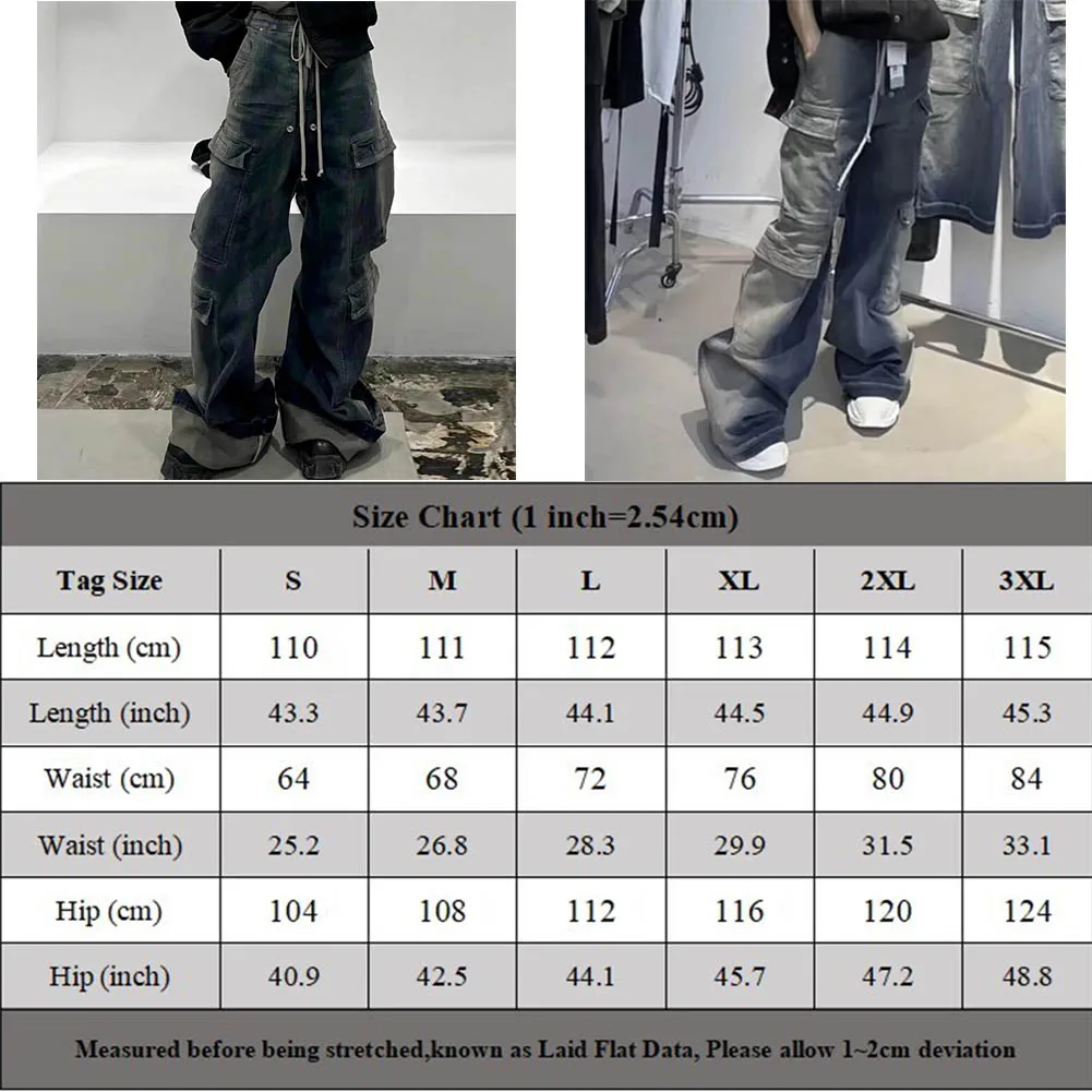 Men Pants Gradient Jeans Multi-pockets Drawstring Oversized Polyester Ribbons Streetwear Y2K Baggy Comfortable