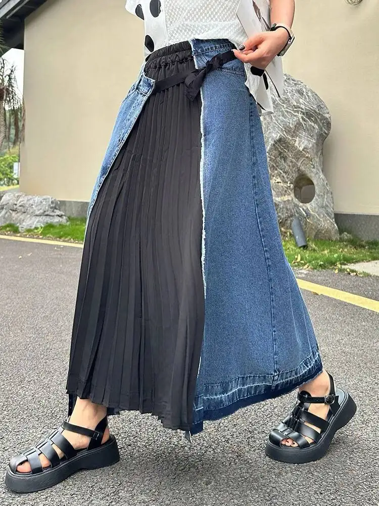 High Elastic Waist Color-Block Pleated Denim A-line Half-body Skirt Women Fashion Tide New Spring Autumn