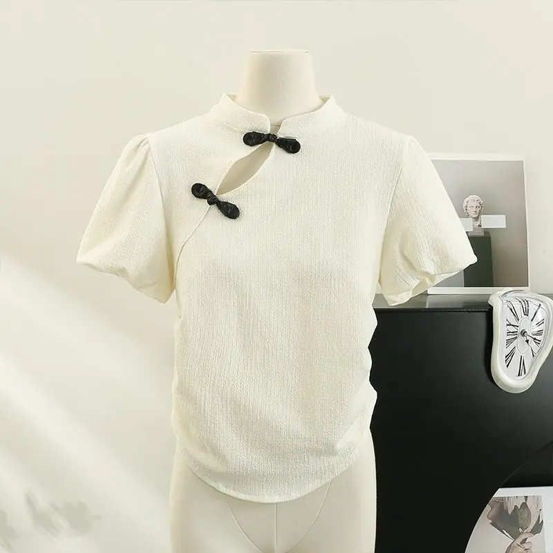 Elegant Women Hollow Out Buttons O Neck Slim Casual T Shirts Harajuku Summer Vintage Chinese Style Femal Clothes Fashion Tops