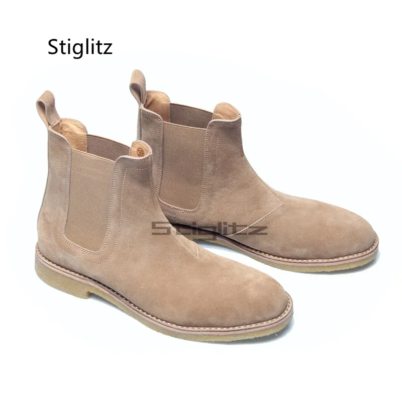 Botas Chelsea de piel de ante para hombre, botines de estilo británico con punta redonda, botas elásticas para vestido de negocios, zapatos sin cordones para hombre