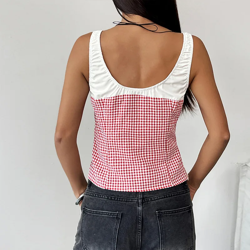 Spring/summer 2025 Contrasting Check Lace Openwork Sweet Spice Slim Vest Sling Girl