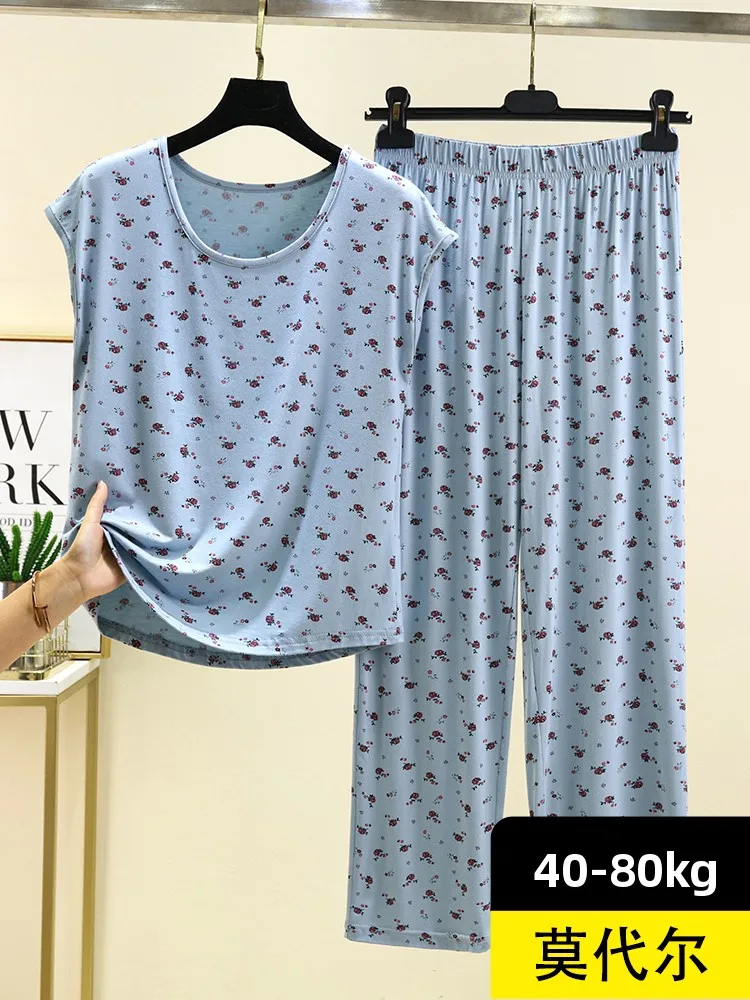 Set Celana Modal Round Ne Svel T-irt Wanita Musim Panas Longgar Motif Bunga Pakaian Rumah Kasual Ukuran Besar Spwear