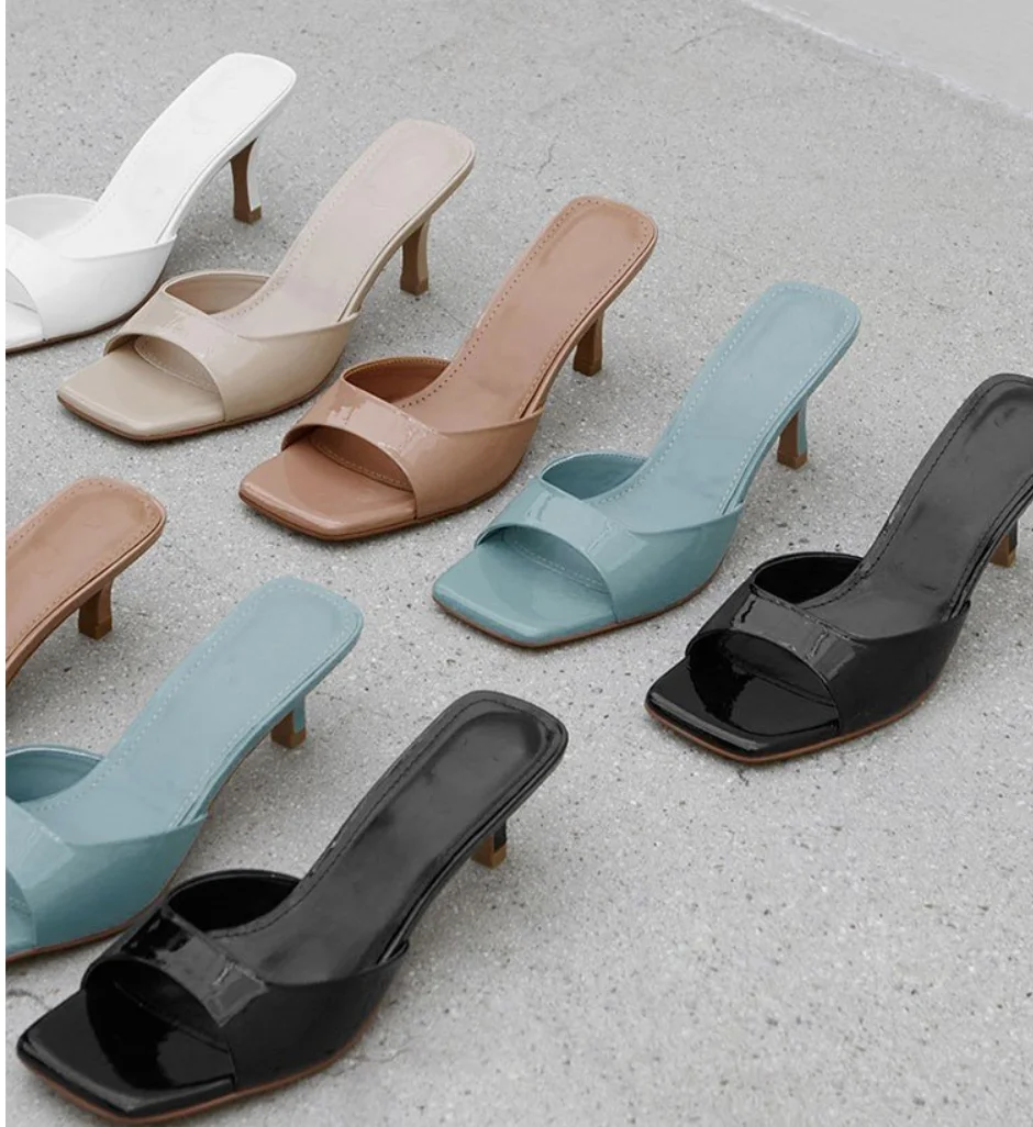 2025 Summer New Style Women's Patent Leather High Heel Sandals British Style Square Head Fine Track Outer Wear Plus Size Slipper