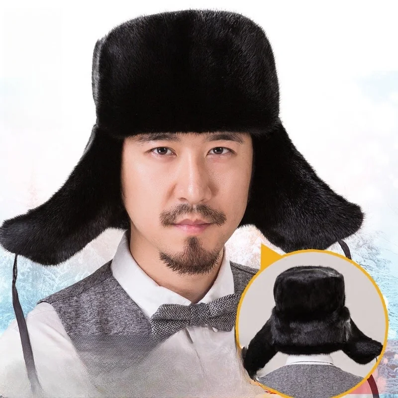 Real all-fur men's warm middle and old full ear Lei Feng hat