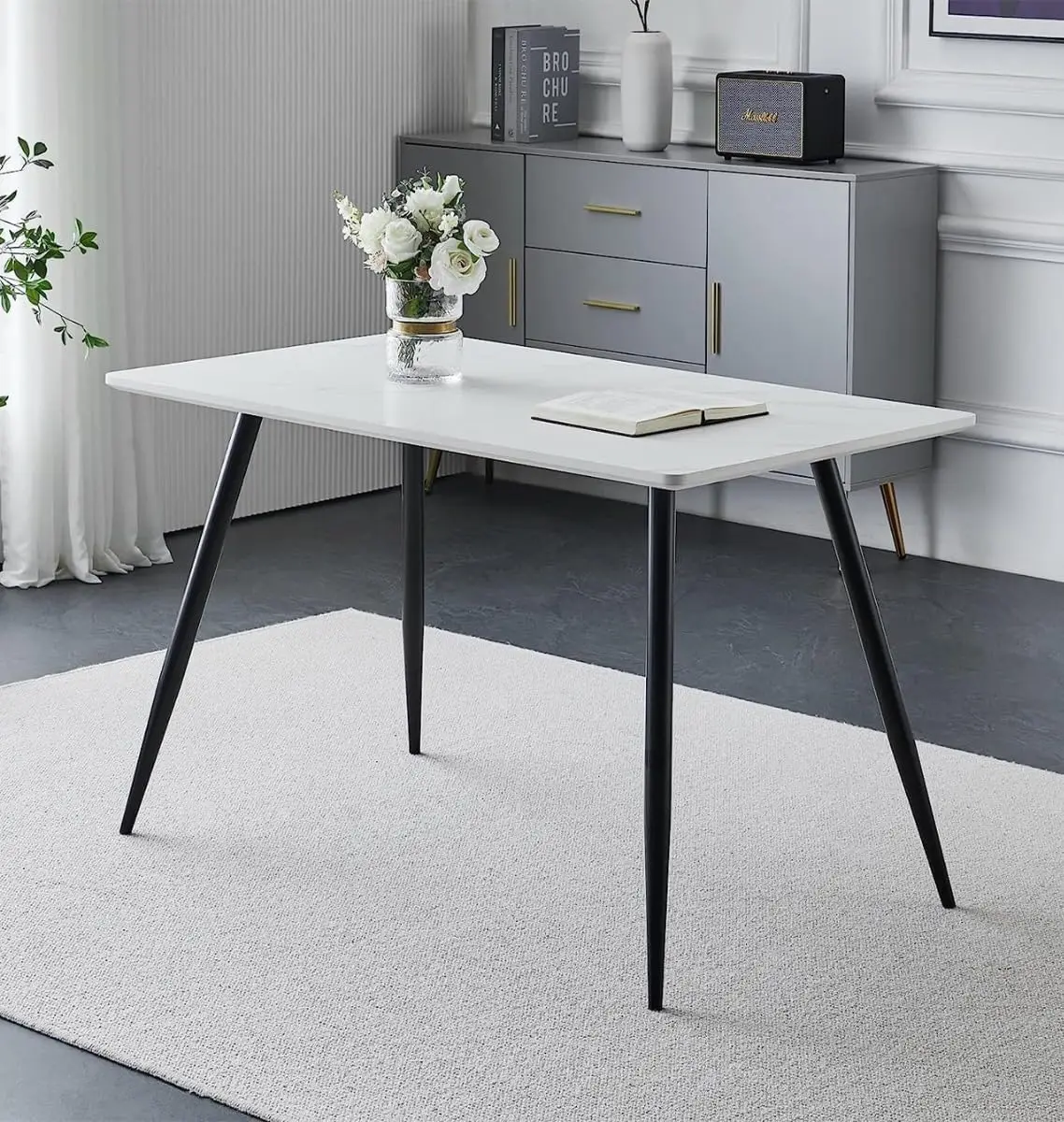 Furniture Cullompton Small Table, Rectangular Dining Table, Kitchen Table with White Marble Effect Top and Black Legs,