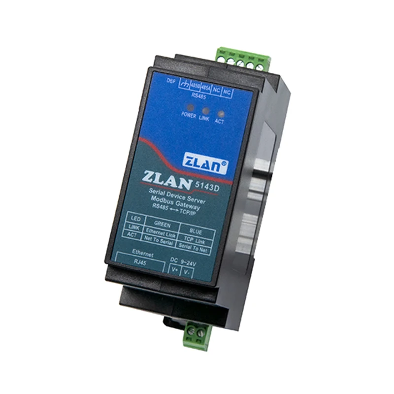 Dispositivo de serie Din-Rail ZLAN5143D, servidor Modbus RS485 Gateway de TCP/IP, DC9-24V, compatible con dúplex completo