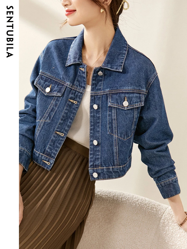 SENTUBILA Cropped Denim Jacket Women 2025 Fashion Washed Contton Blue Jeans Jacket Women Clothing New In Outerwears W31W45687