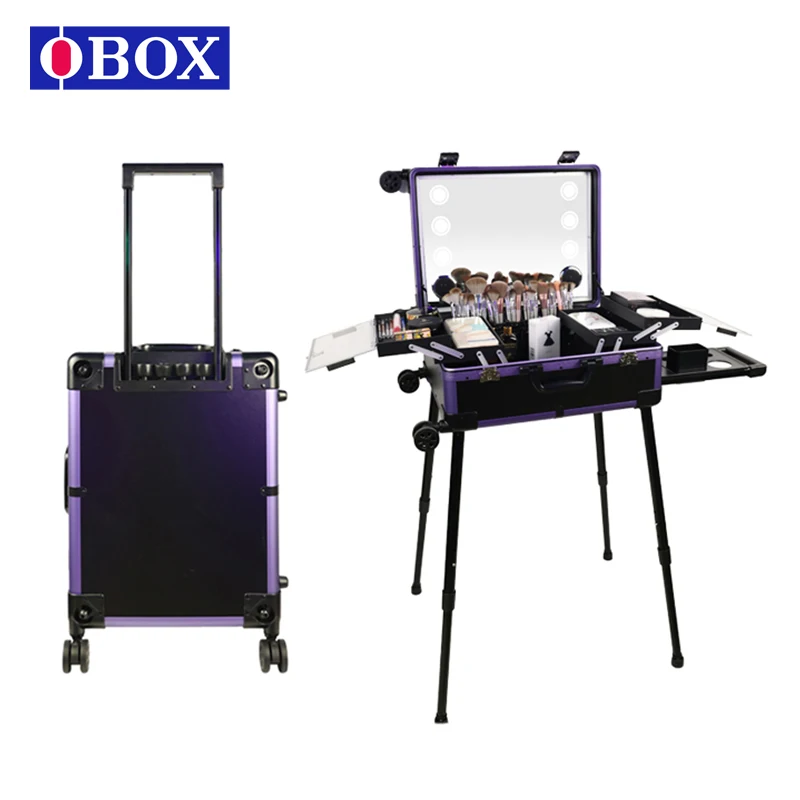 OBOX Portable Vintage Makeup Case With 4 Universal Wheels Extendable Cover Panel And Adjustable Legs Cosmetic Trolley Organizer