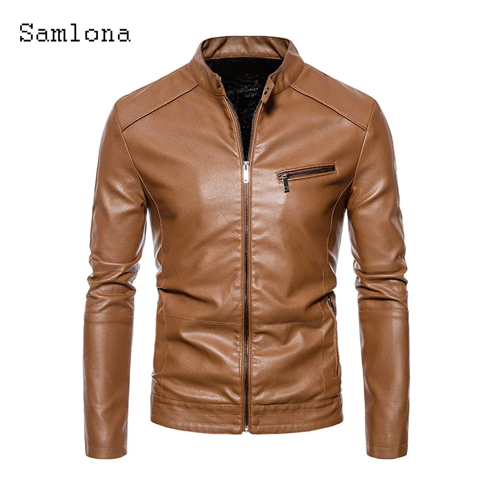 Men's Pu Leather Jackets Mandarin Collar Outerwear Brown Soft Luxury Faux Leather Motorcycle Jacket Men Fashion Zipper Coats New