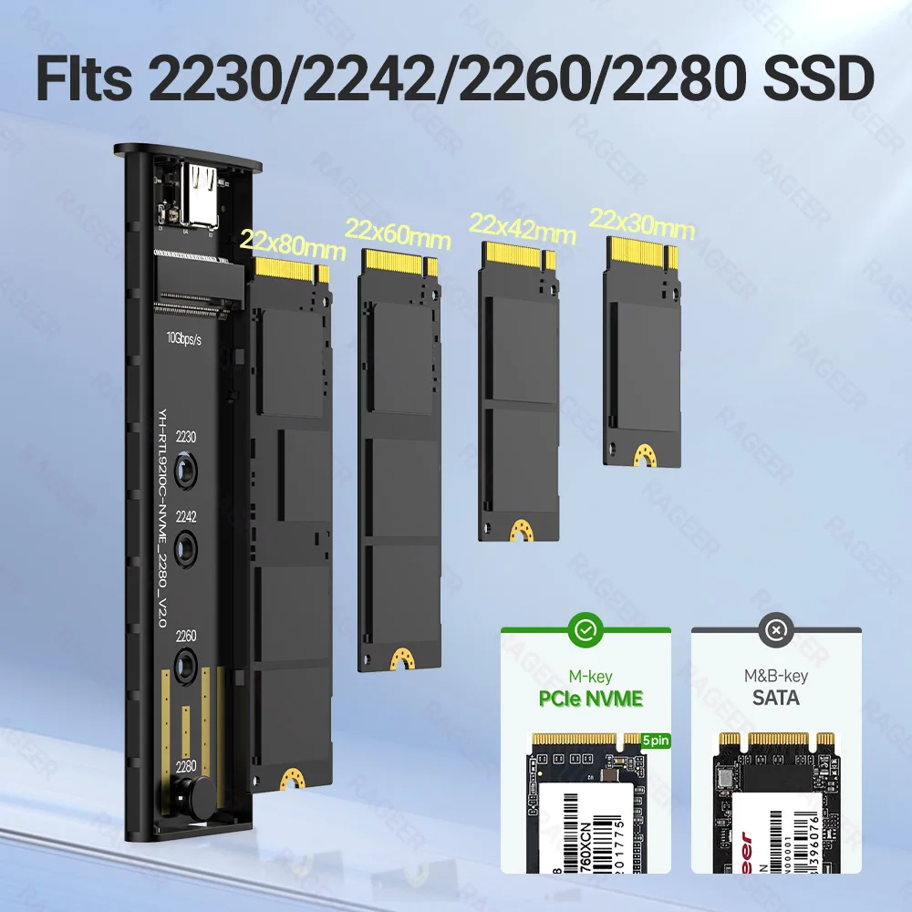 RAGEER Aluminium M.2 NVME SSD Mobiles Festplattengehäuse, USB 3.2 Gen 2 10 Gbit/s auf NVME M-Key/(B+M) Key SSD-Gehäuse, Push-Pull