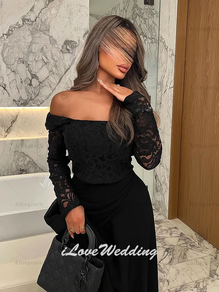 Robe de soirée noire deux pièces, manches longues, épaules dénudées, dentelle, élégante, ligne a, robe de bal pour femmes, robe d'invitées de mariage personnalisée