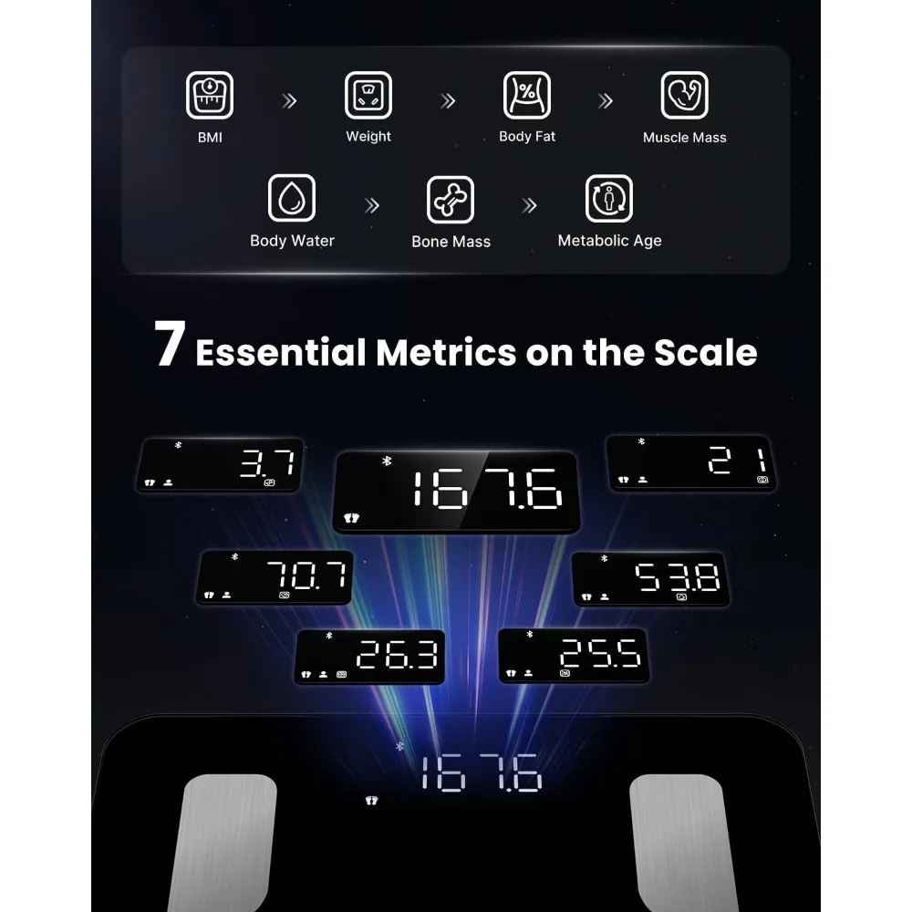 مقياس محلل الجسم الذكي بتقنية 8 أقطاب كهربائية: يقيس وزن الجسم وسمك الجسم ودهون الجسم وكتلة العضلات و50 تركيبات أخرى