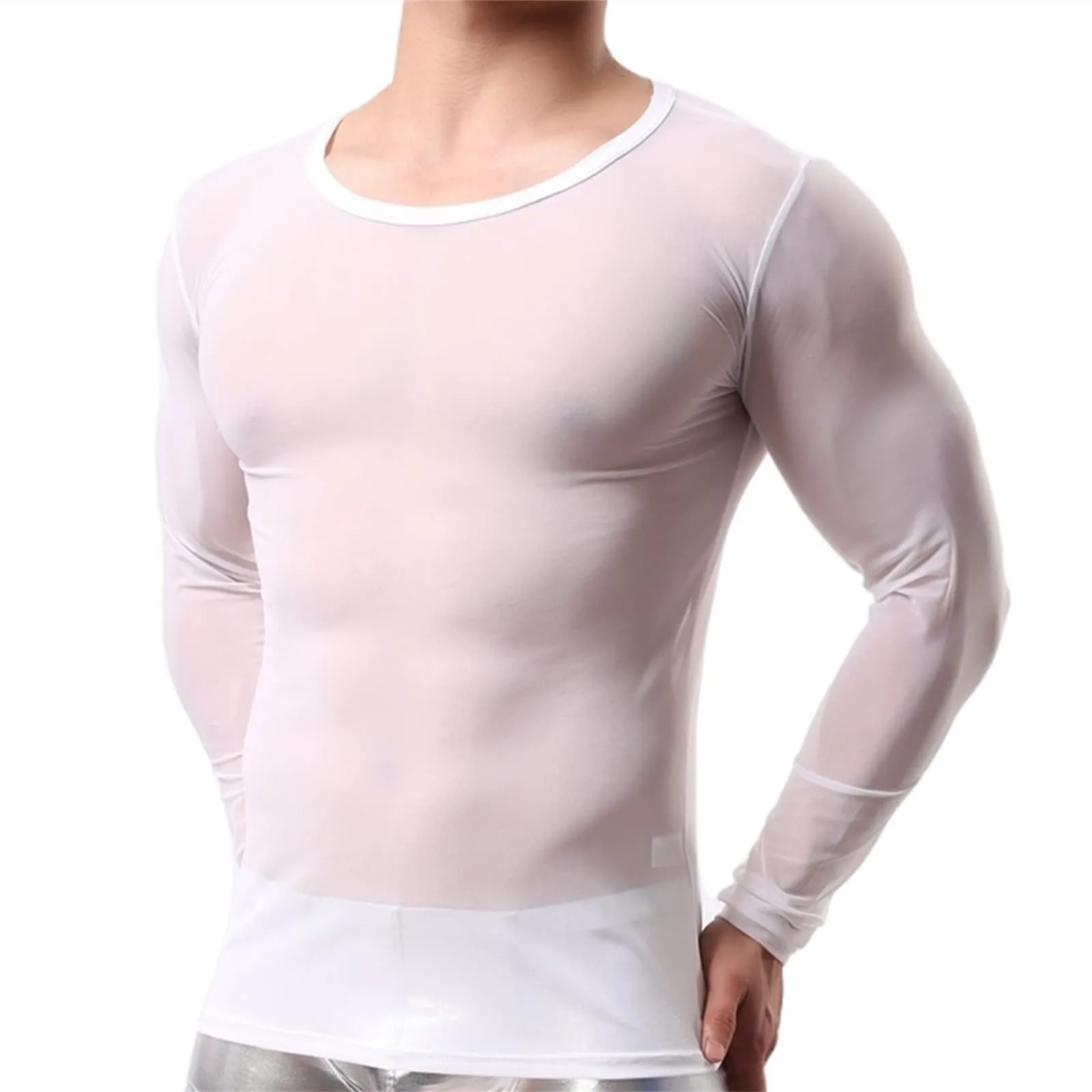 Mens Undershirt Gay clothing Nylon Mesh Shirt See Through Sheer Long Sleeves T Shirts Sexy transparent shirt Underwear