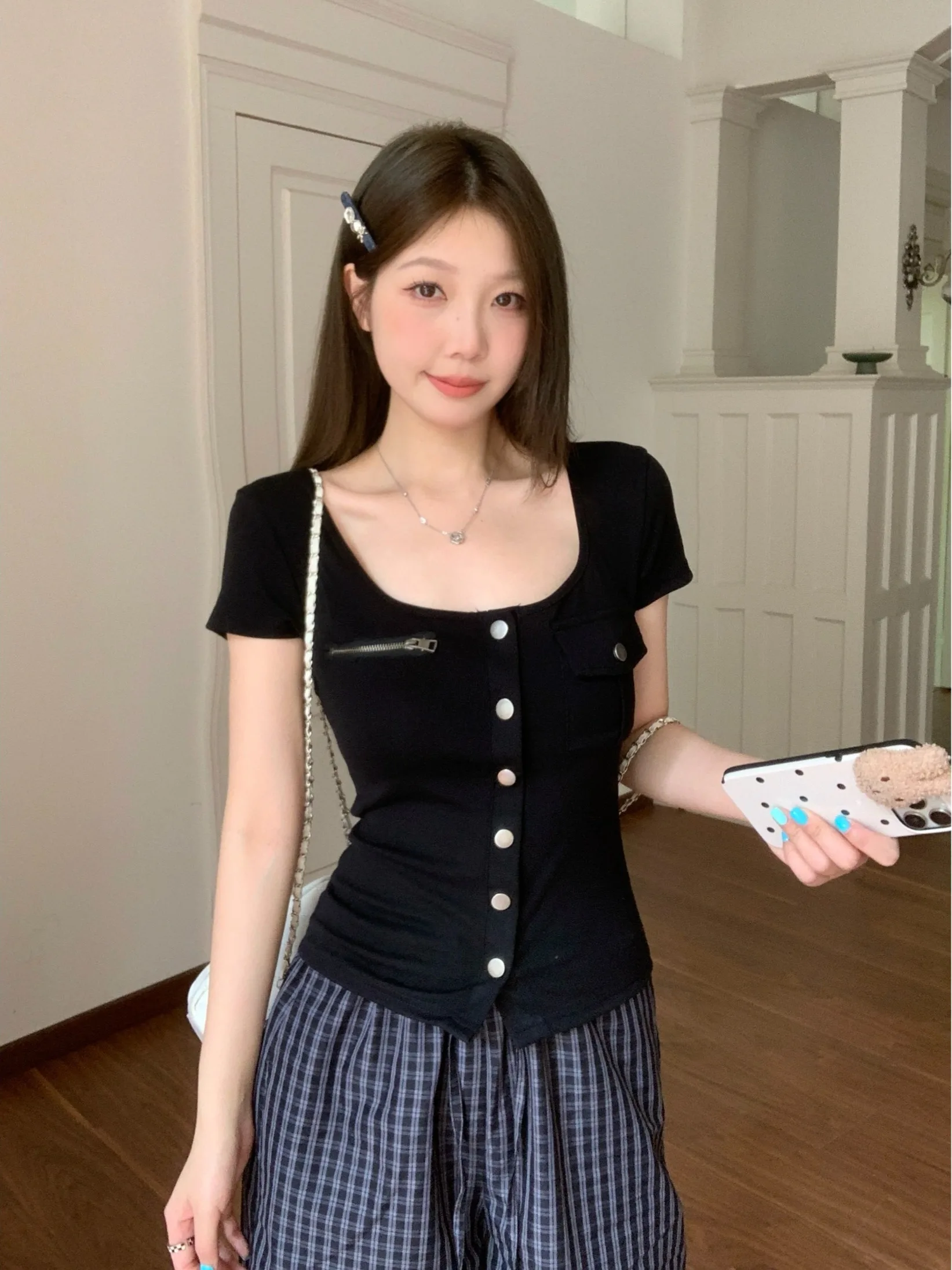 

plus Size Women's Slim Fit Short Sleeve T-Shirt U-Neck Single Button Korean Style Summer New Waist Cinched Fashionable Top