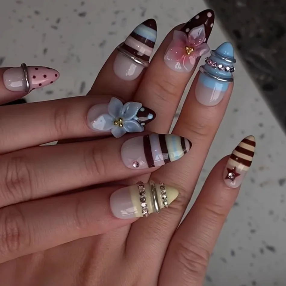 Stripe Polka Dot 3D Flower Ice Cream Rhinestone Handmade Press On Nails Cute Reusable False Nail Art For Party Holiday Wear JT39