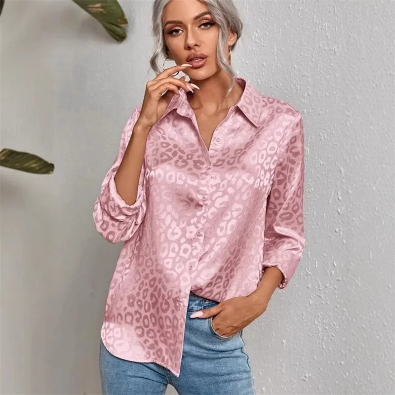 

Haut Pink Leopard Shirts for Women Casual Long Sleeve Button Up Work Shirts Blouses Top Y2k Clothes Streetwear Camisas E Blusas