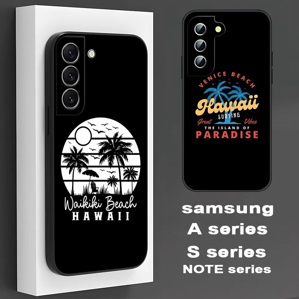 Waikiki Beach Hawaii Family Vintage Sunset Phone Case For Samsung S 24 23 22 21 20 plus ultra a M 34 54 53 luxury Black shell Co