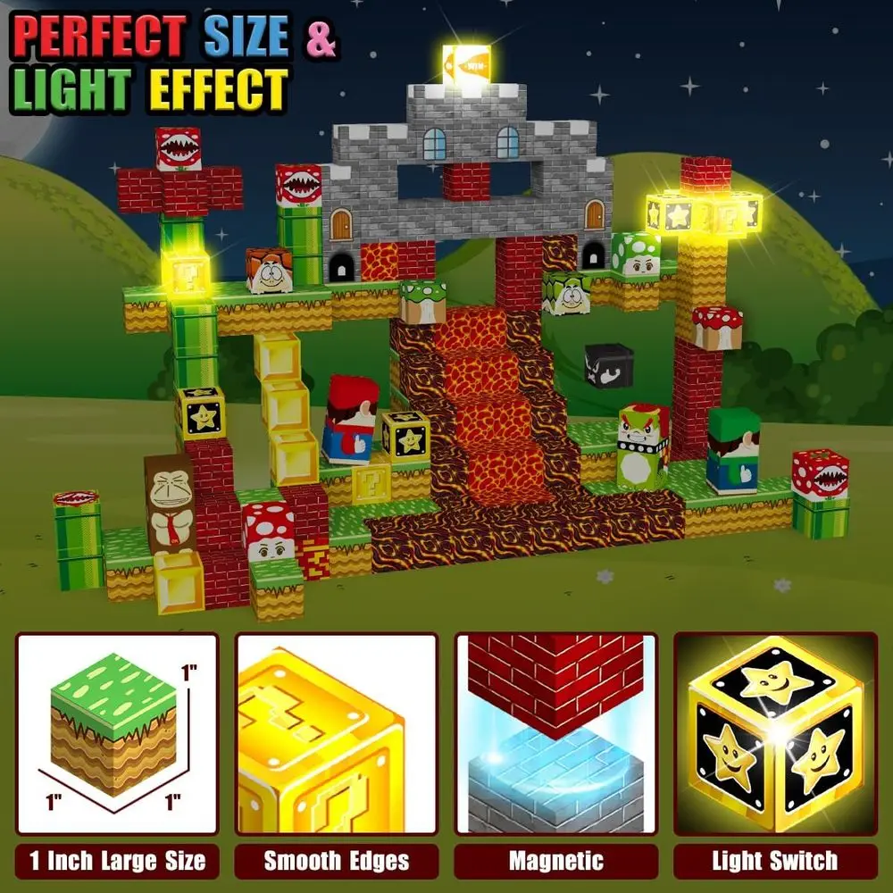 100-Piece Magnetic Building Blocks with Lights, 3D STEM Toys for Kids Ages 3+, Educational Sensory Construction Set for Boys and