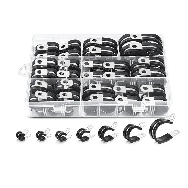 A01F-60Pcs Cable Clamps Assortment Kit, 304 Stainless Steel Rubber Cushion Pipe Clamps R-Type Hose Clamp 7 Sizes Durable