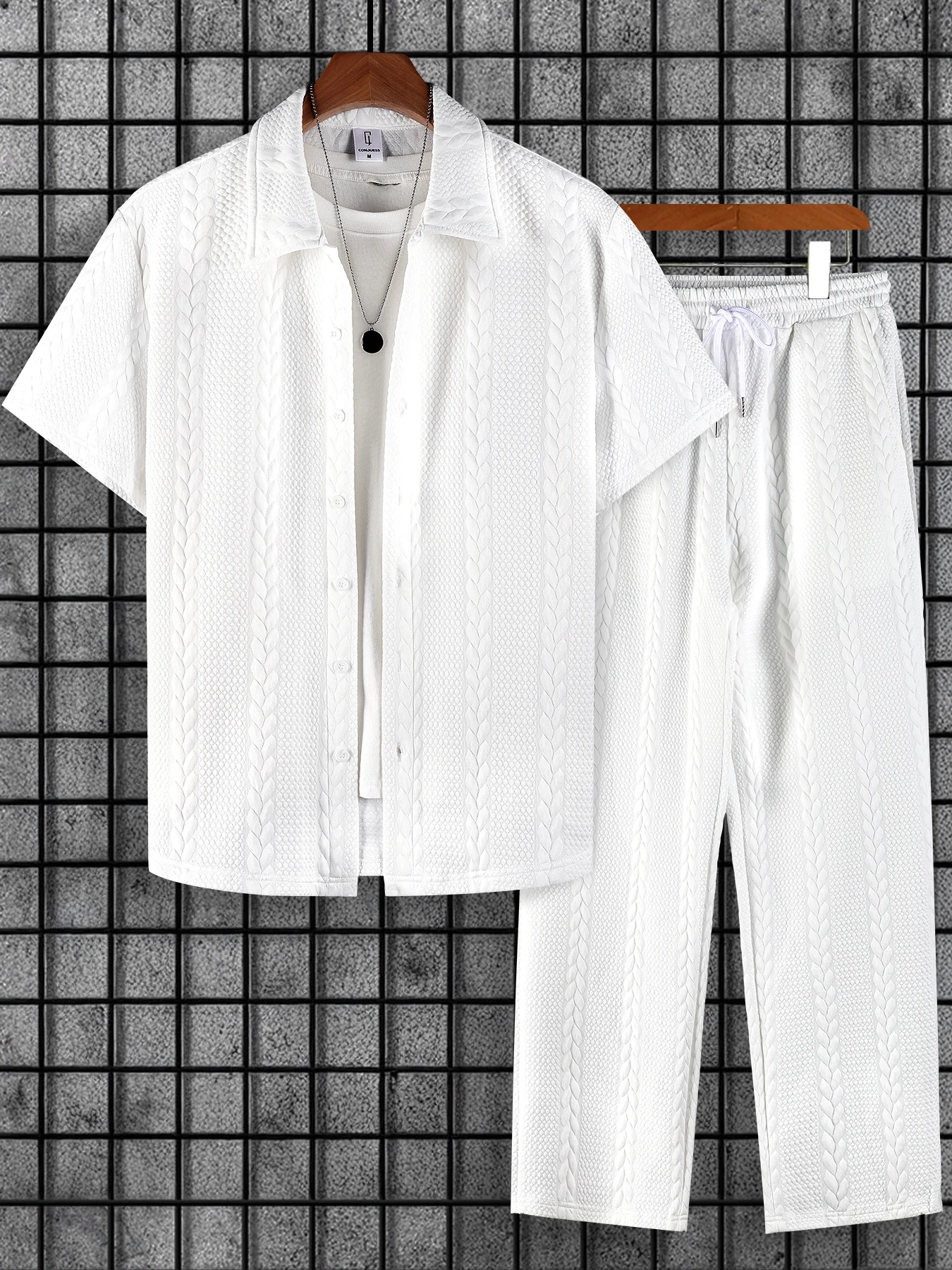 

Men's 2 Piece Outfits, White Cable Knit Texture Short Sleeve Shirt & Drawstring Pants Set