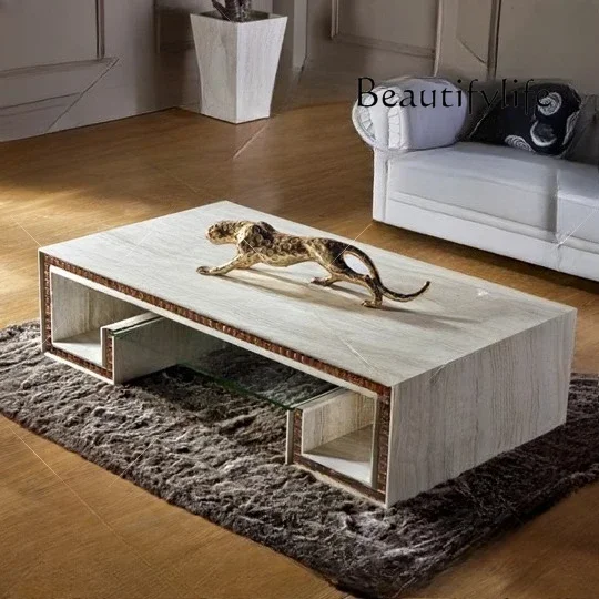 

Natural white and yellow travertine marble coffee table TV cabinet combination simple modern rectangular furniture