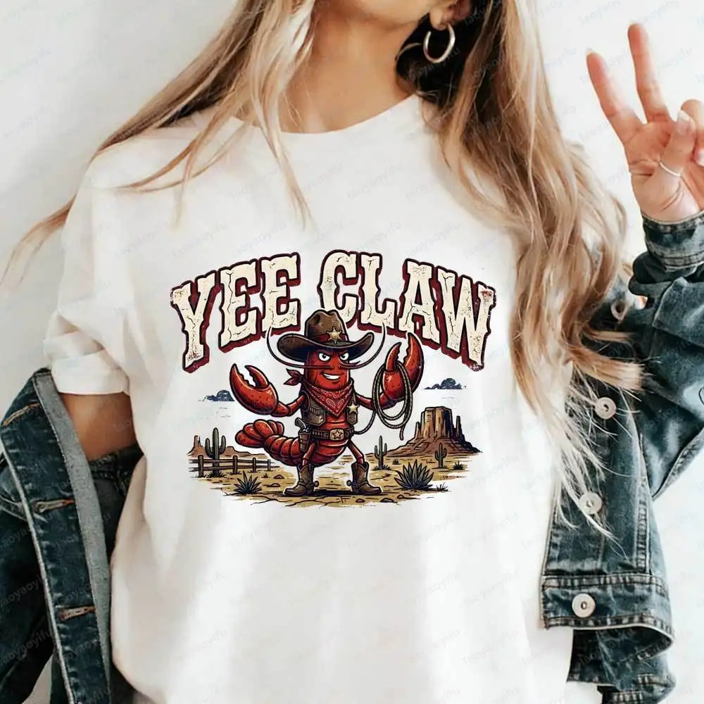 

Yee Claw Cowboy Lobster Graphic T-shirt Funny Western Desert Cactus Rodeo Tee Casual Short Sleeve Cotton Top for Men Women Shirt