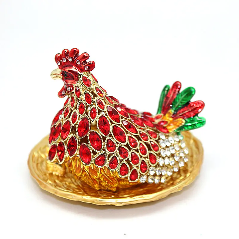 SHINNYGIFTS New Year Gifts Metal Enamel Rooster and Hens Trinket Box Home Decorative Gift Box