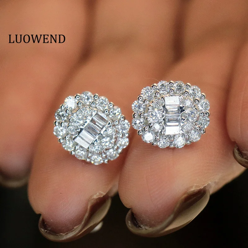 

LUOWEND 18K White Gold Earrings Luxury Shiny Design 1.0carat Real Natural Diamond Stud Earrings for Women High Wedding Jewelry