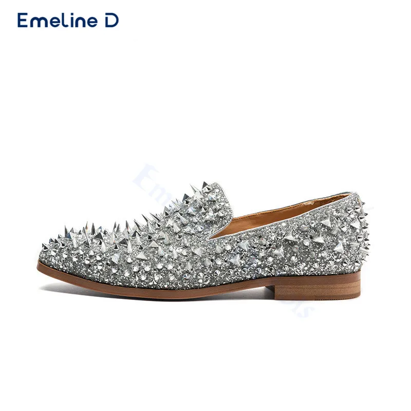 Silver Studded Luxury Loafers Round Toe Chunky Heels Slip-On Shiny Rhinestone Casual Shoes Fashionable Men's Performance Shoes