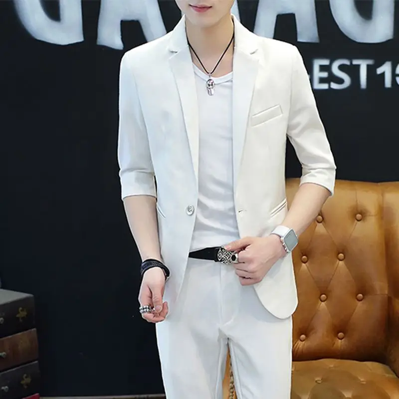 

Мужской костюм Slim Fit с брюками и тонким пиджаком с рукавом 3/4, повседневный, весенне-летний, молодежный тренд, с плоским воротником, на одной пуговице