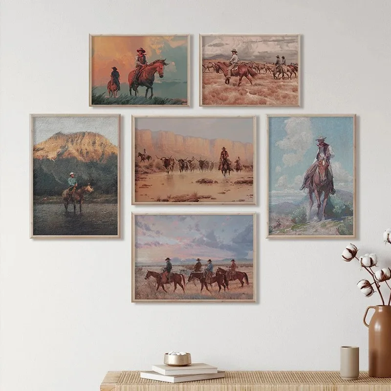 Vintage Cowboy Portrait Oil Painting Canvas Poster Rustic Western Wall Art Prints Southwest Horse Rider Pictures Farmhouse De