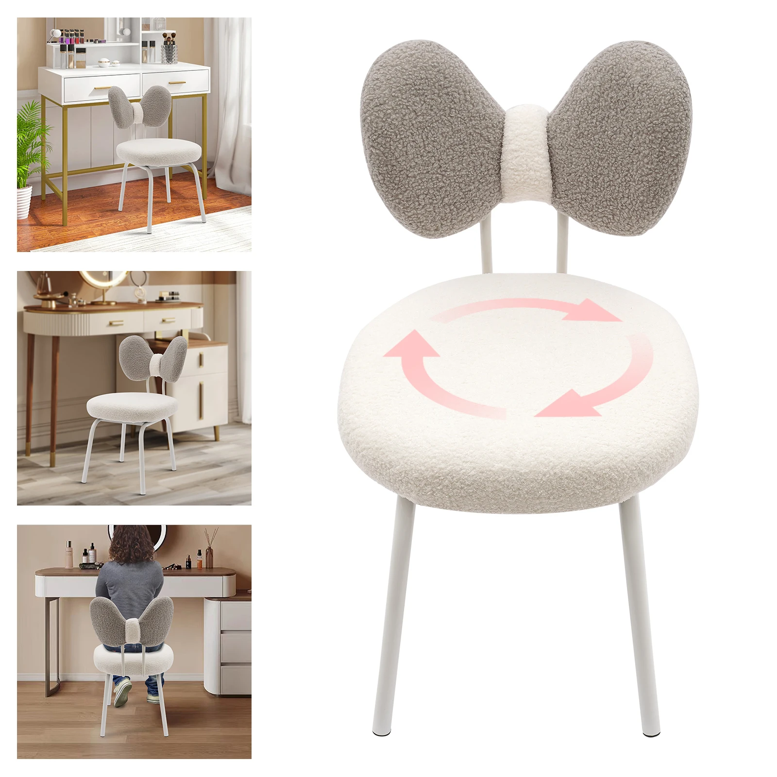 YIYIBYUS Makeup Vanity Chair 360° Swivel Butterfly Makeup Stool Cute Girls Bow Knot Backrest Chair Bedroom Home Decor